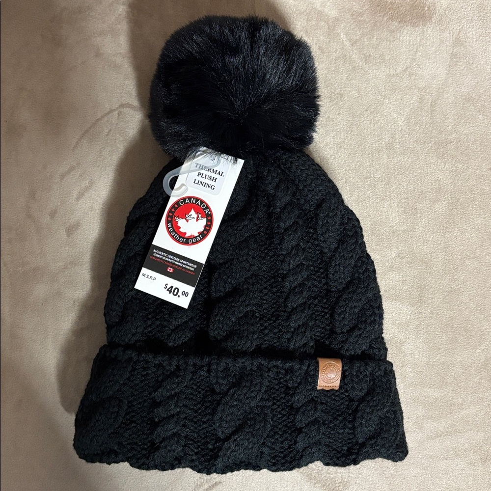 Canada Weather Gear Thermal Plush Lining Black Knit Beanie with Pom-Pom